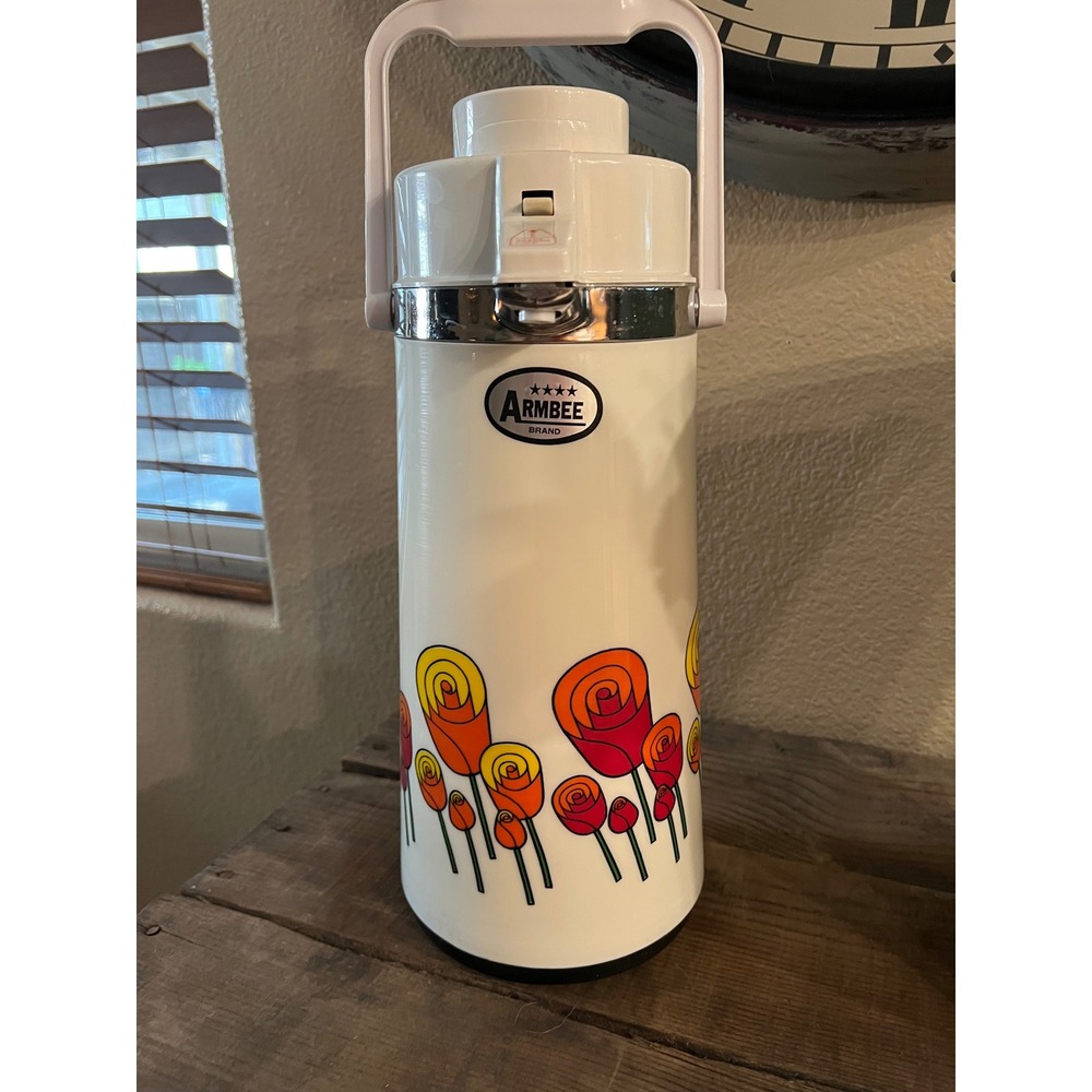 Vintage Armbee Brand Airpot Coffee Carafe Retro Floral Rose Thermal Dispenser
